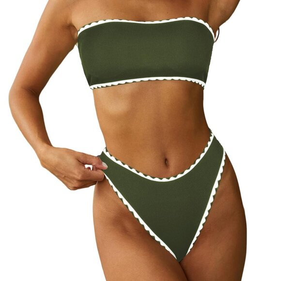 🆕ZAFUL Strapless Bandeau Bikini Set Green Textured Lace-Up Size Medium NWOT - Picture 1 of 5